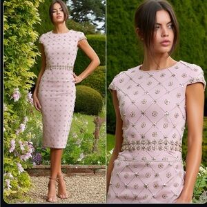 NWT Mac Duggal  Hand Embellished Cap Sleeve Midi Dress MauvePink 10=(S -M )